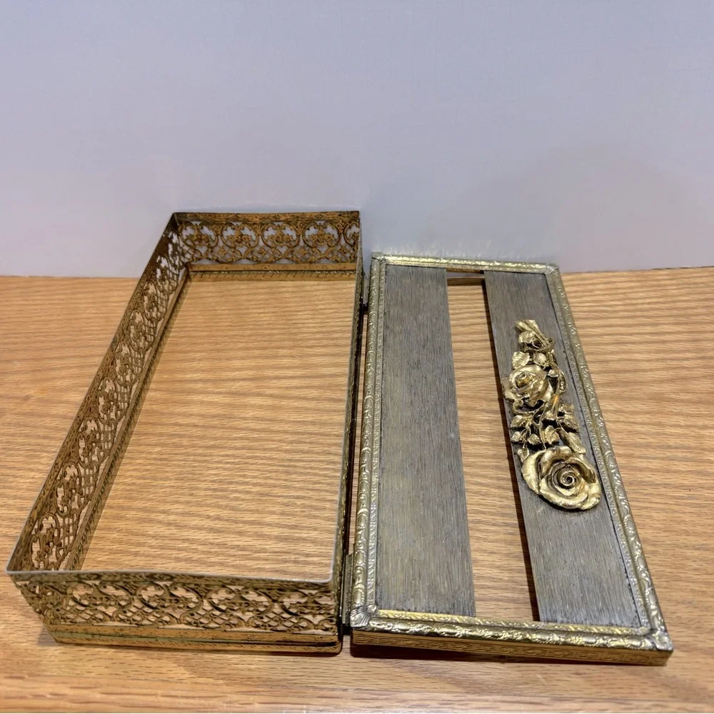 Gold Metal Vanity Tray Set with Jewelry Stand and Mirrored Tray